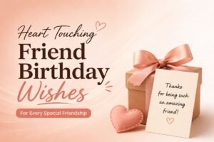 Heart touching friend birthday wishes with a birthday cake, gift, and greeting card